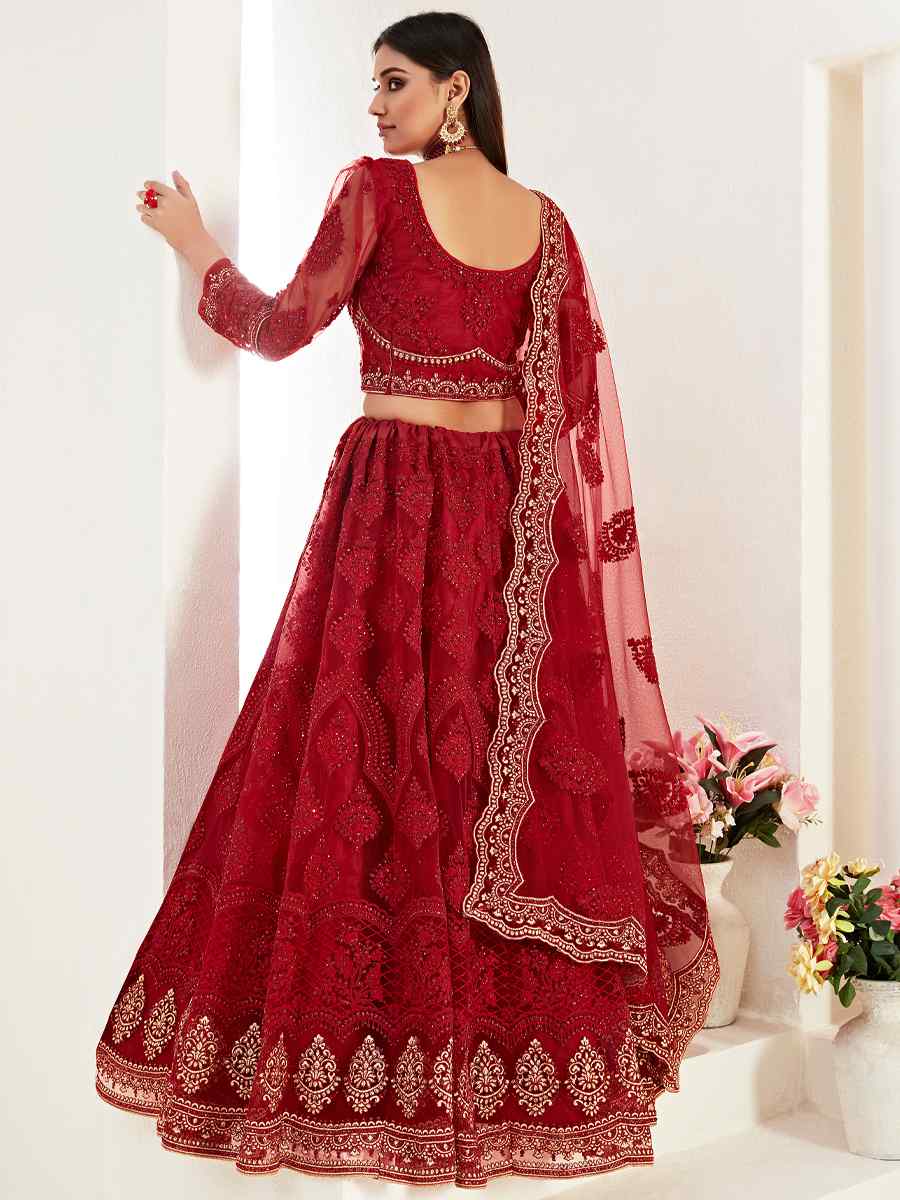 Red Net Silk Embroidered Bridesmaid Wedding Heavy Border Lehenga Choli