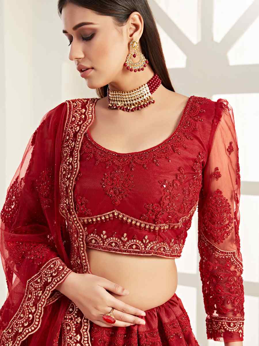 Red Net Silk Embroidered Bridesmaid Wedding Heavy Border Lehenga Choli