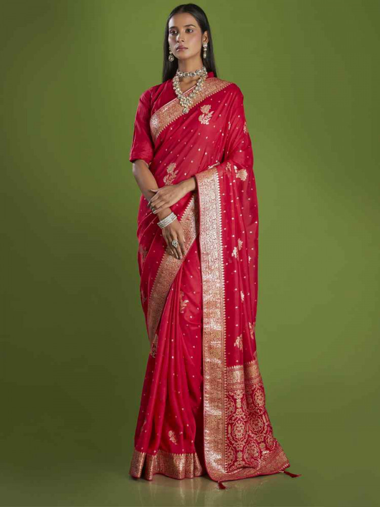 Red Organza Embroidered Festival Wedding Heavy Border Saree