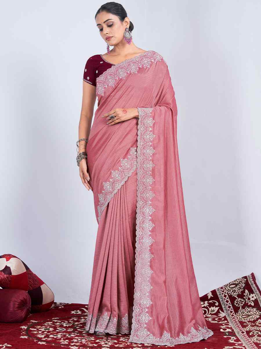 Red Peach Rangoli Embroidered Wedding Party Heavy Border Saree