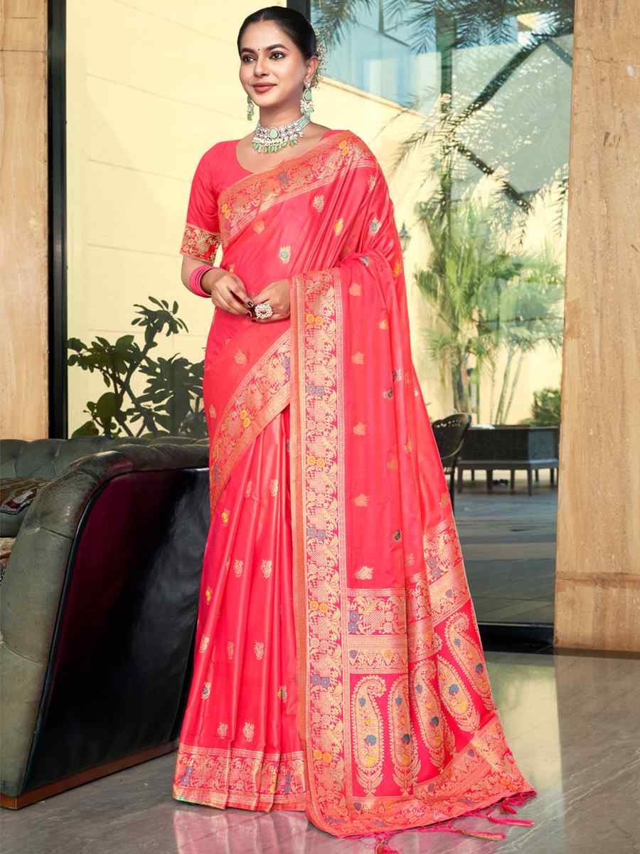 Red Peach Silk Handwoven Wedding Festival Heavy Border Saree