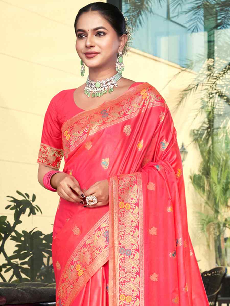 Red Peach Silk Handwoven Wedding Festival Heavy Border Saree