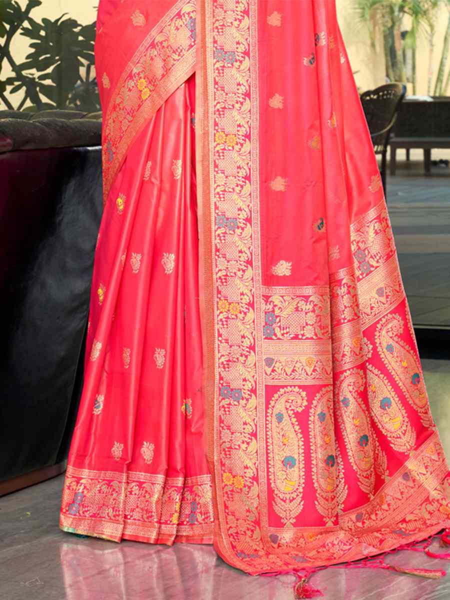 Red Peach Silk Handwoven Wedding Festival Heavy Border Saree