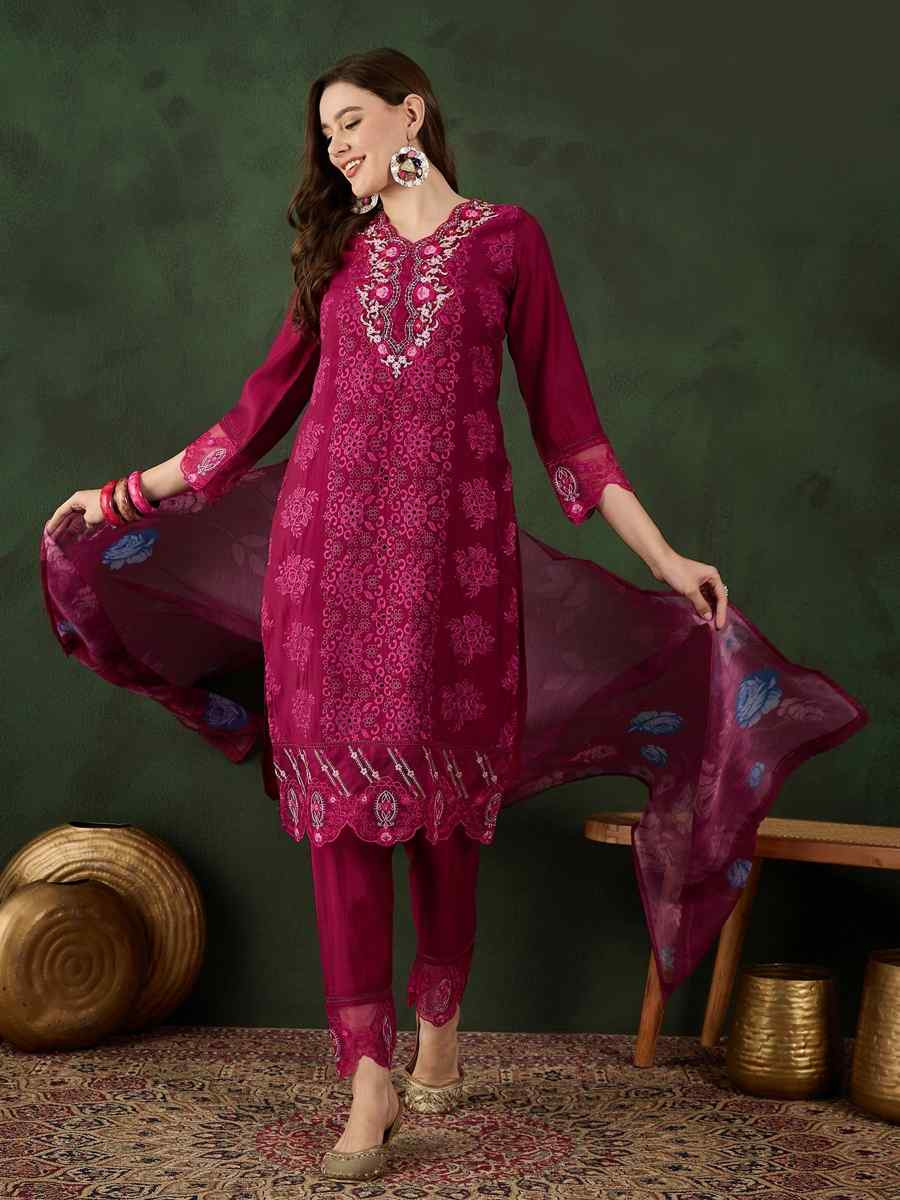 Red Poly Chanderi Embroidered Festival Casual Ready Pant Salwar Kameez