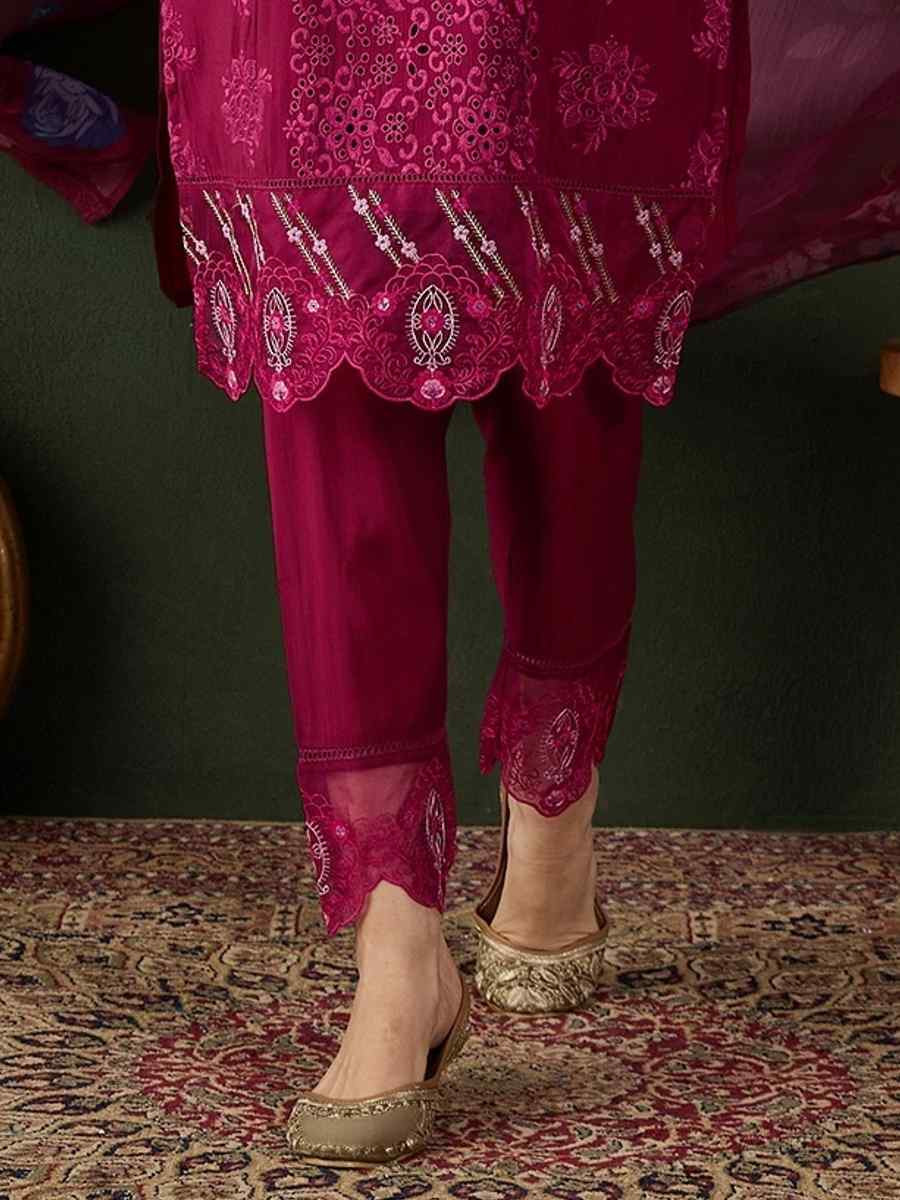 Red Poly Chanderi Embroidered Festival Casual Ready Pant Salwar Kameez