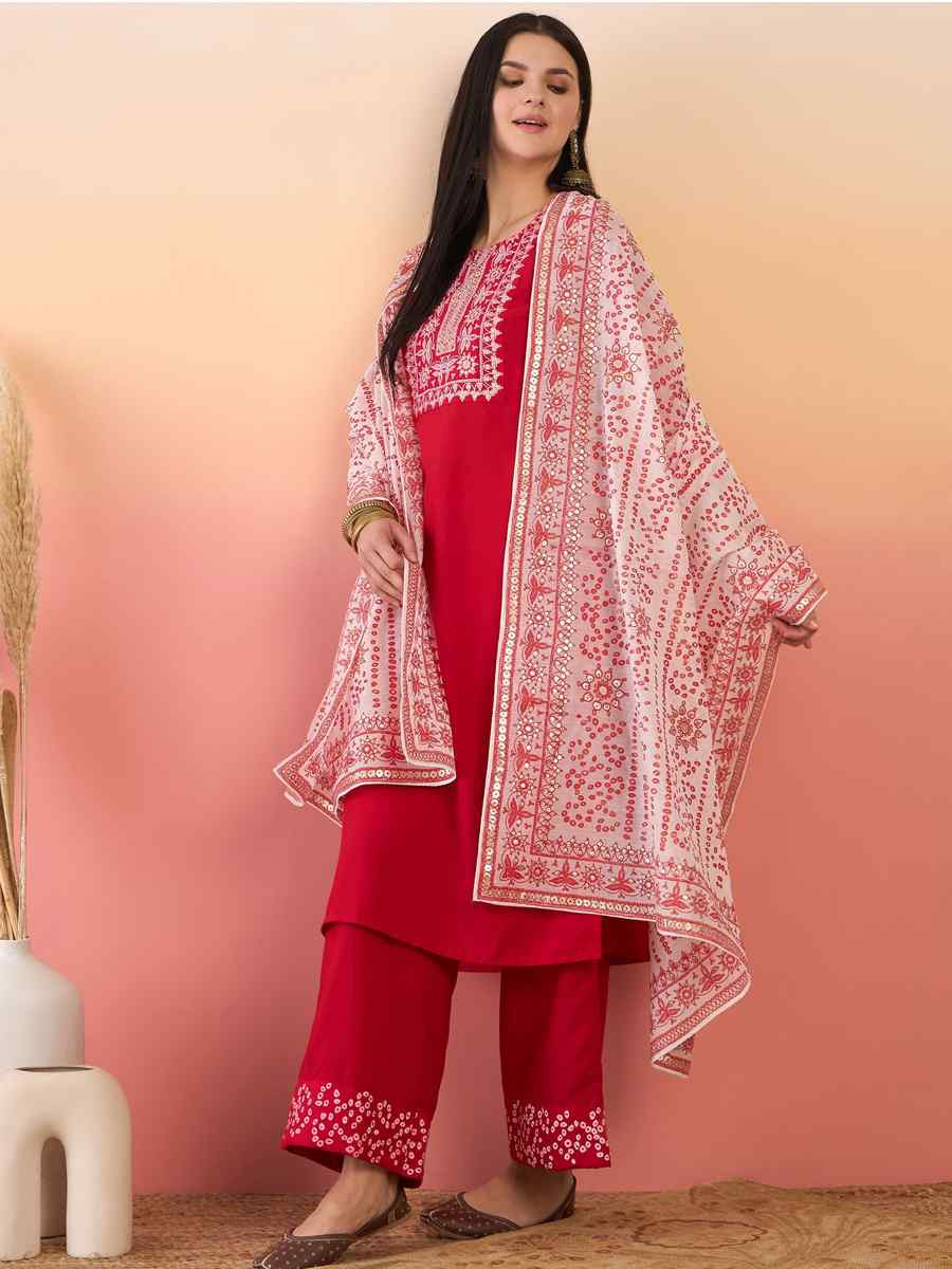 Red Poly Rayon Embroidered Festival Wedding Ready Pant Salwar Kameez