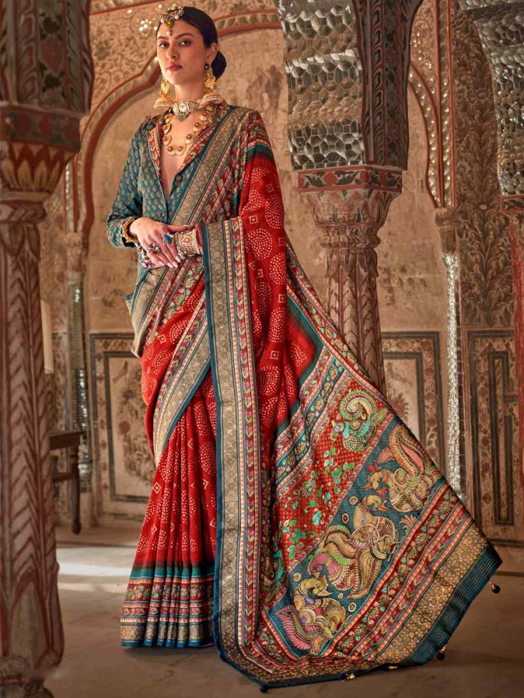 Red Poly Viscose Silk Handwoven Festival Wedding Heavy Border Saree