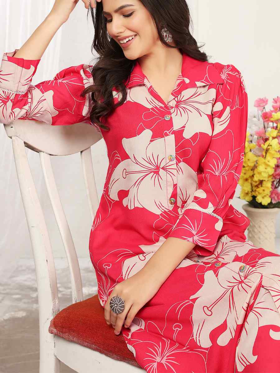 Red Premium Reyon Printed Festival Casual Kurti