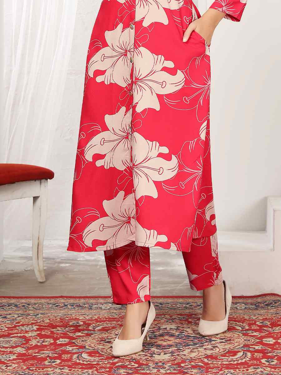 Red Premium Reyon Printed Festival Casual Kurti