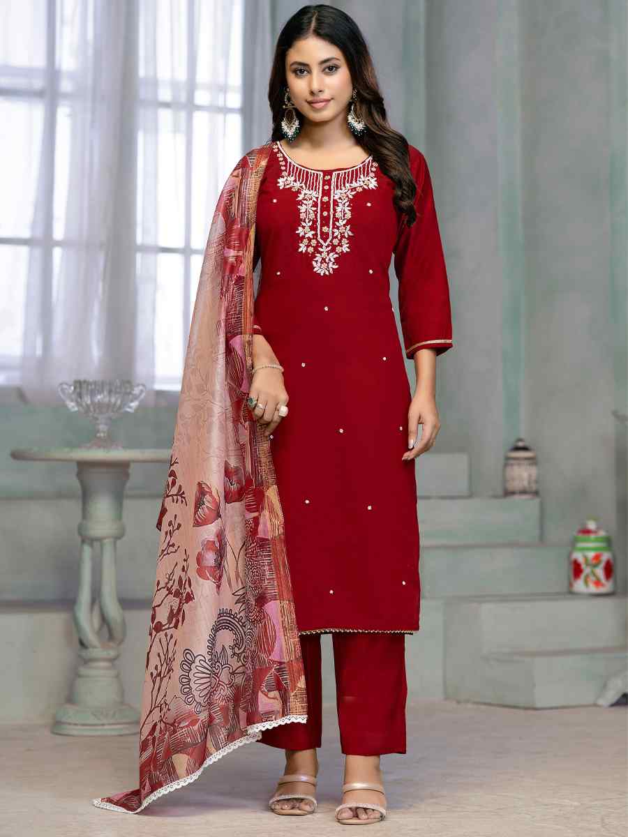 Red Premium Roman Cotton Embroidered Festival Casual Ready Pant Salwar Kameez