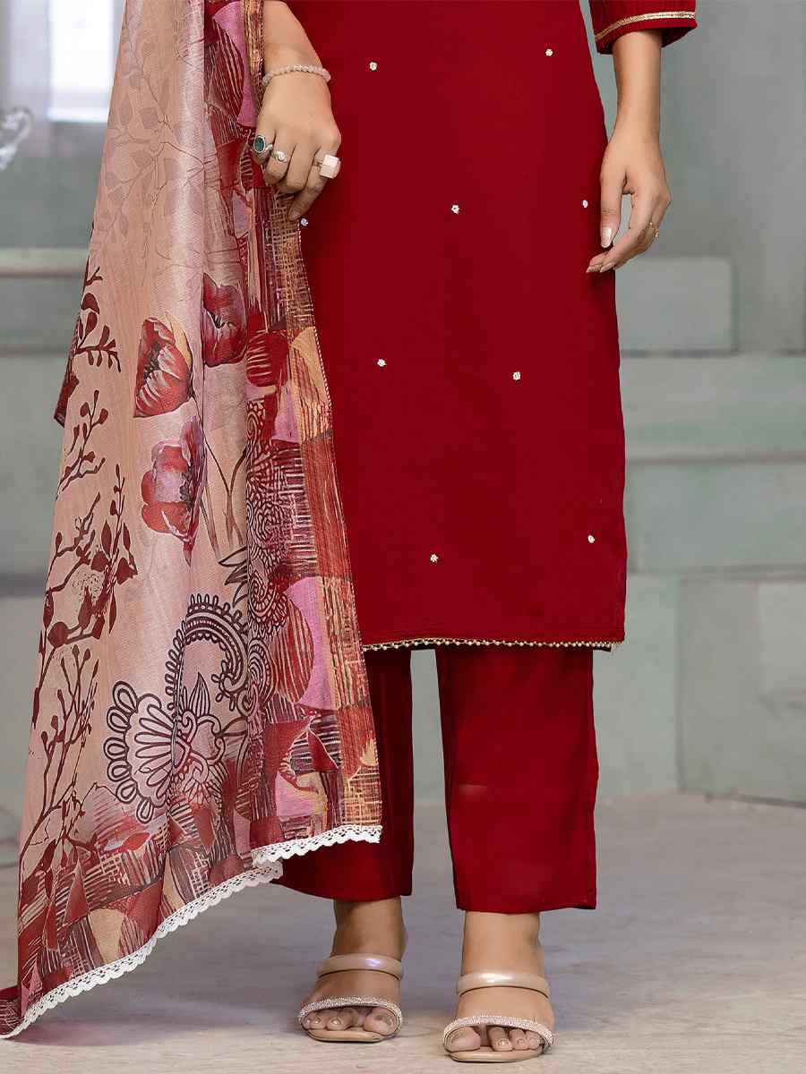 Red Premium Roman Cotton Embroidered Festival Casual Ready Pant Salwar Kameez