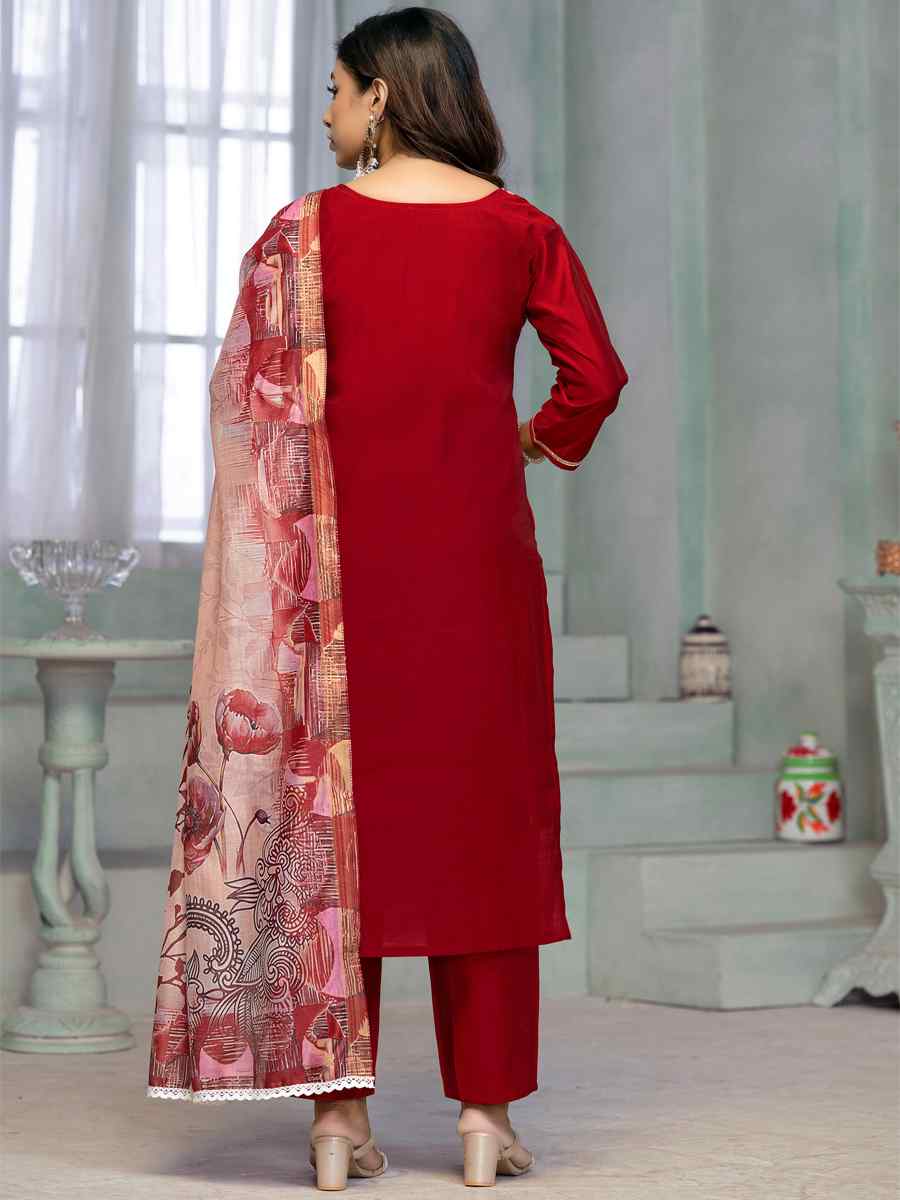 Red Premium Roman Cotton Embroidered Festival Casual Ready Pant Salwar Kameez