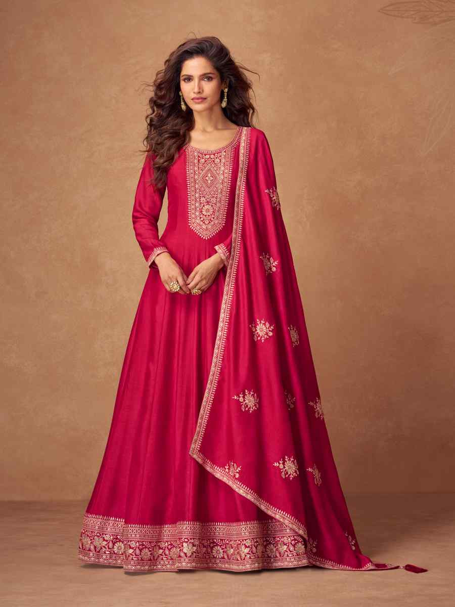 Red Premium Silk Embroidered Festival Casual Gown