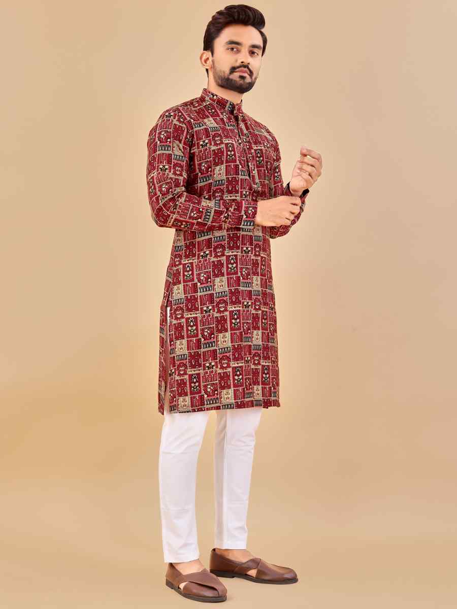 Red Premium Soft Cotton Printed Festival Casual Kurta