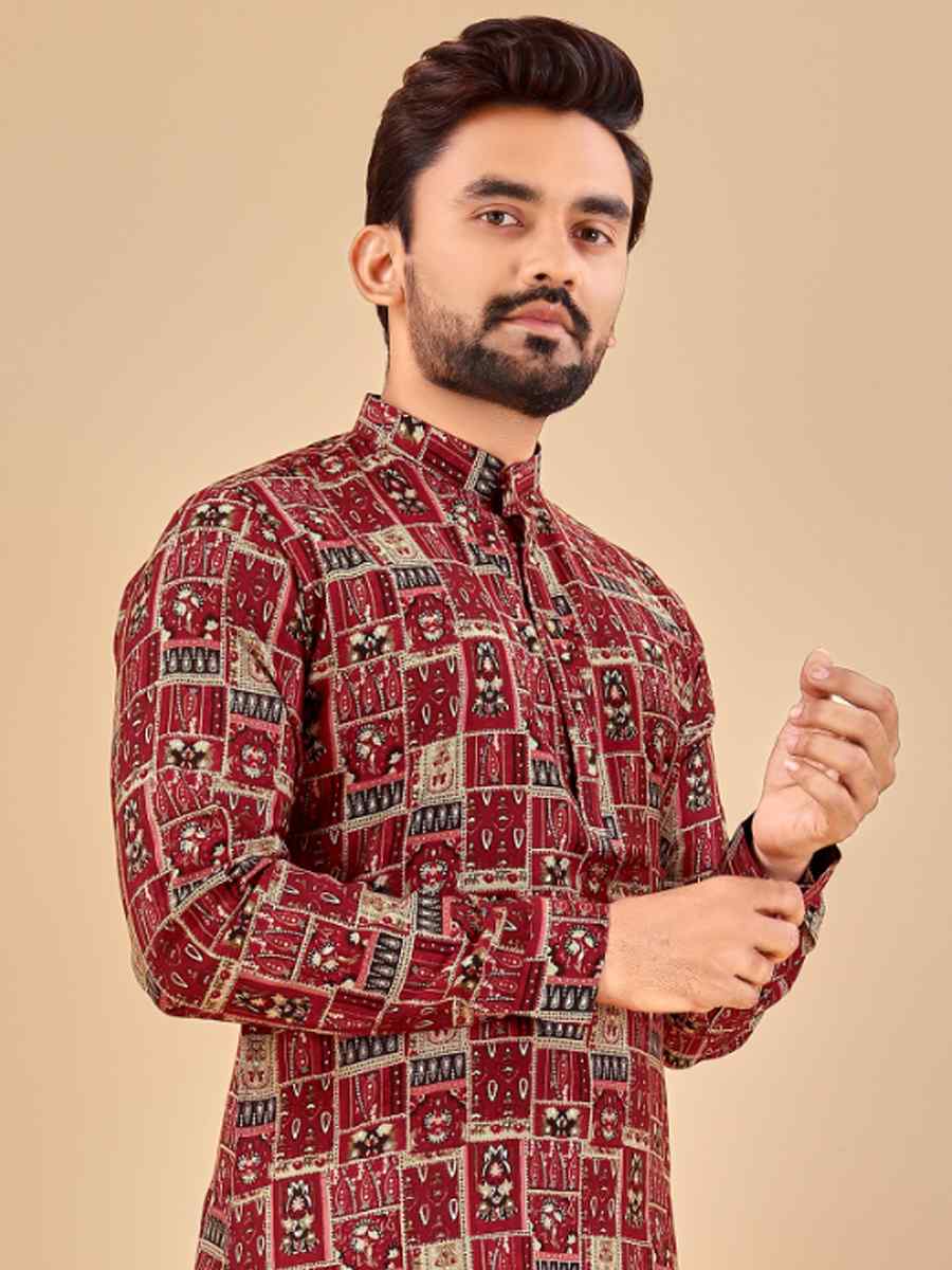 Red Premium Soft Cotton Printed Festival Casual Kurta