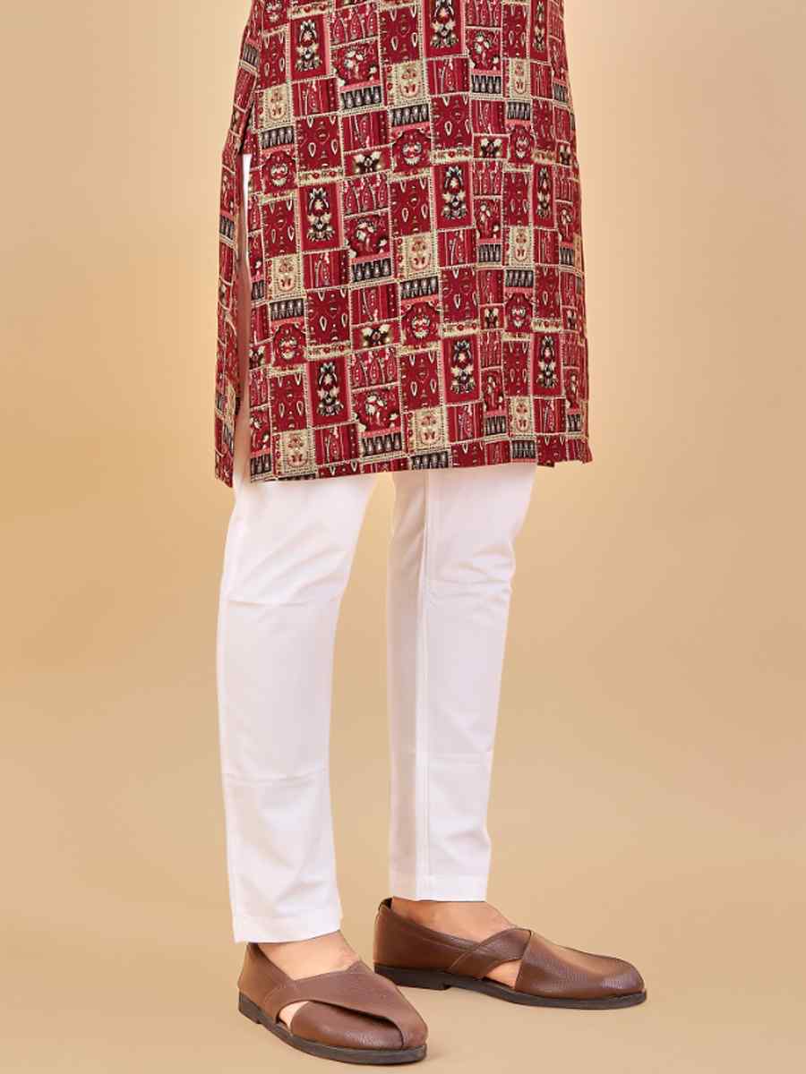 Red Premium Soft Cotton Printed Festival Casual Kurta