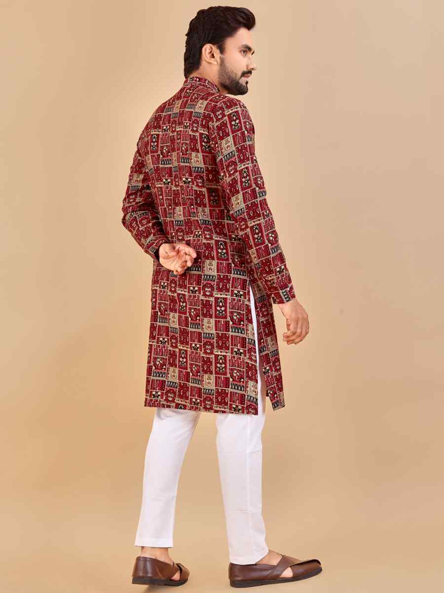 Red Premium Soft Cotton Printed Festival Casual Kurta