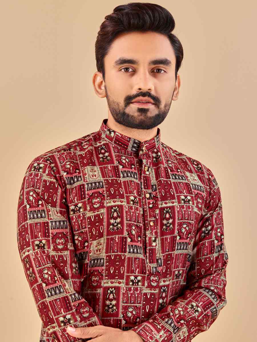 Red Premium Soft Cotton Printed Festival Casual Kurta