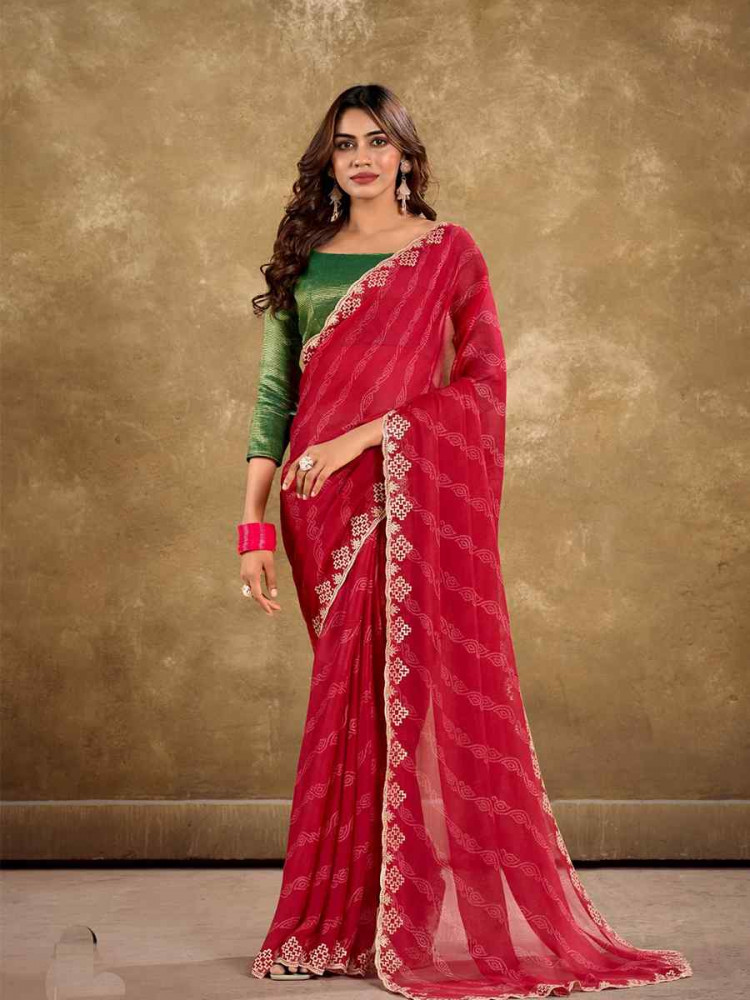 Red Pure Chiffon Embroidered Festival Wedding Classic Style Saree