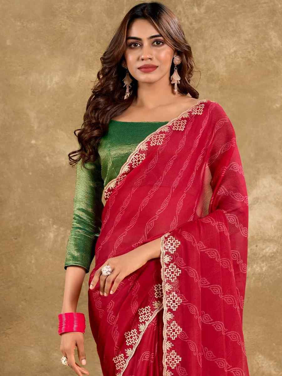 Red Pure Chiffon Embroidered Festival Wedding Classic Style Saree