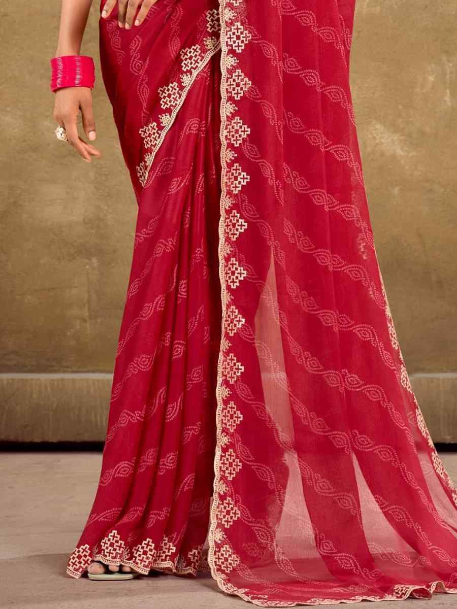 Red Pure Chiffon Embroidered Festival Wedding Classic Style Saree