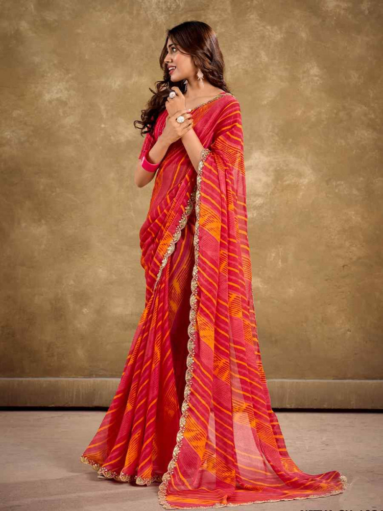 Red Pure Chiffon Embroidered Festival Wedding Classic Style Saree