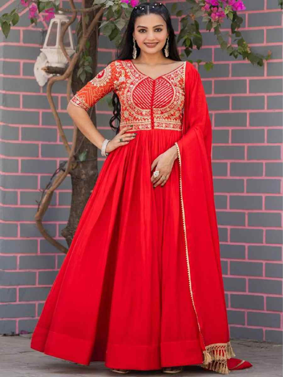 Red Pure Chinon Embroidered Festival Casual Gown