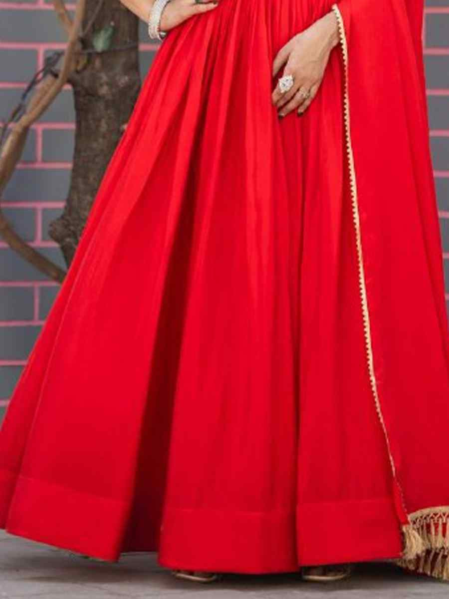 Red Pure Chinon Embroidered Festival Casual Gown