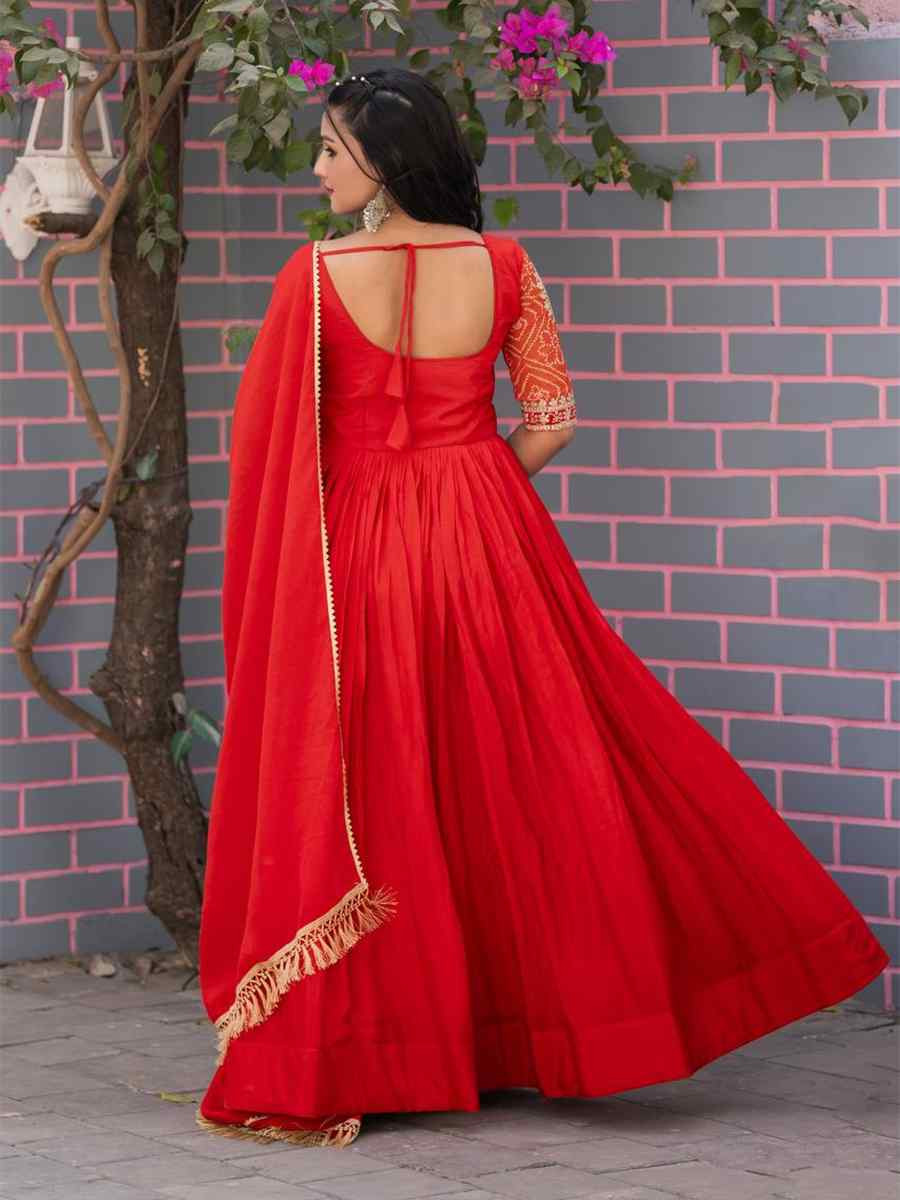 Red Pure Chinon Embroidered Festival Casual Gown