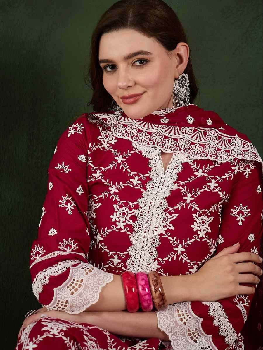 Red Pure Cotton Embroidered Festival Casual Ready Pant Salwar Kameez