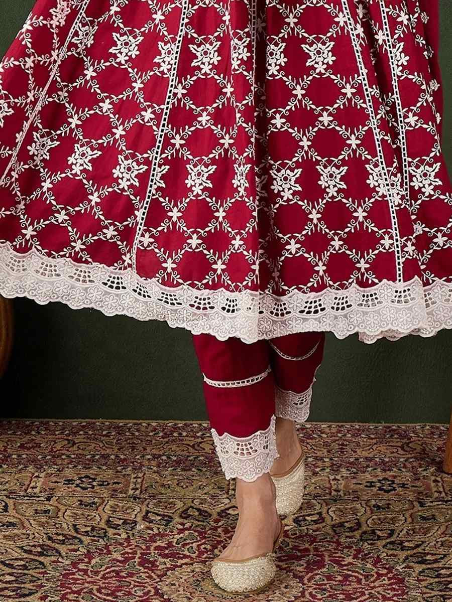 Red Pure Cotton Embroidered Festival Casual Ready Pant Salwar Kameez