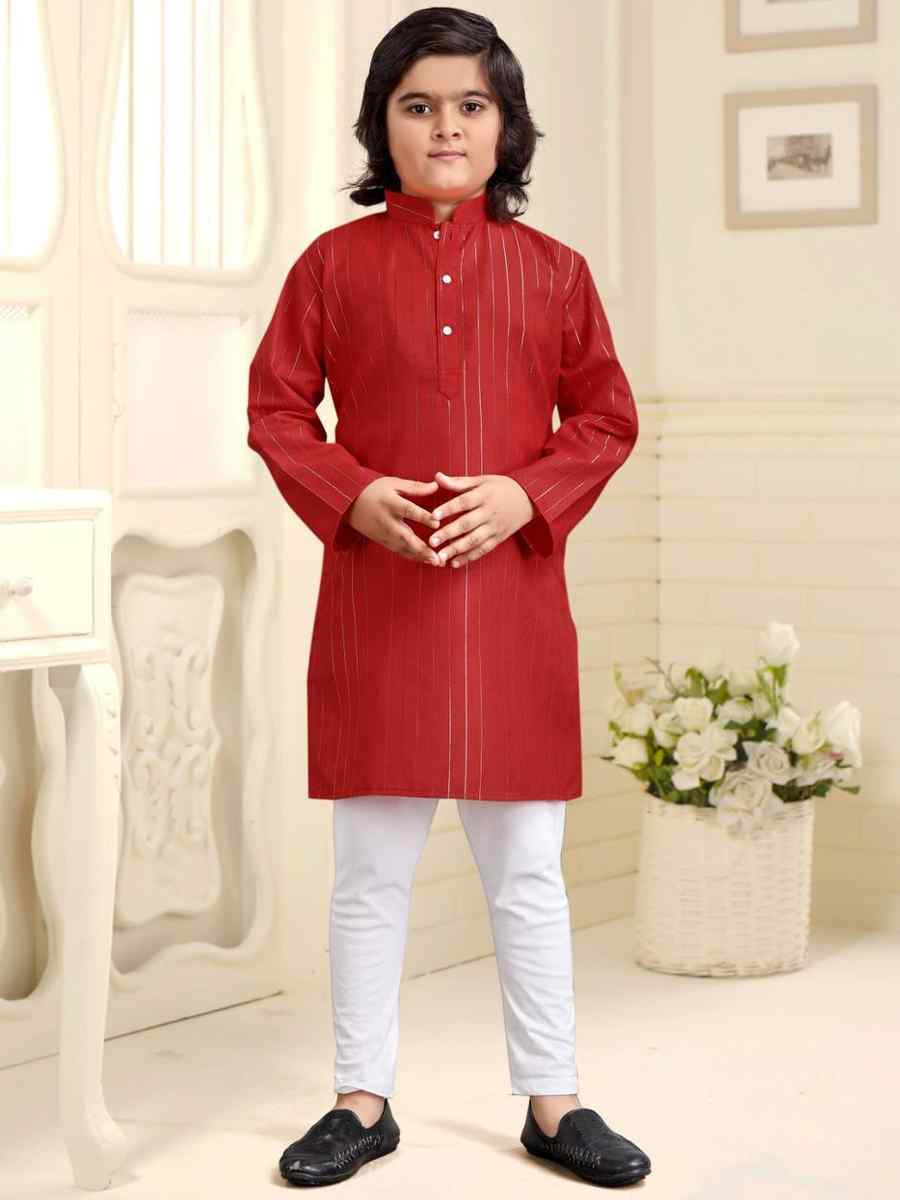 Red Pure Cotton Slub Zardosi Festival Traditional Kurta Pyjama Boys Wear