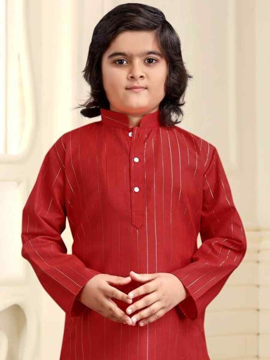 Red Pure Cotton Slub Zardosi Festival Traditional Kurta Pyjama Boys Wear