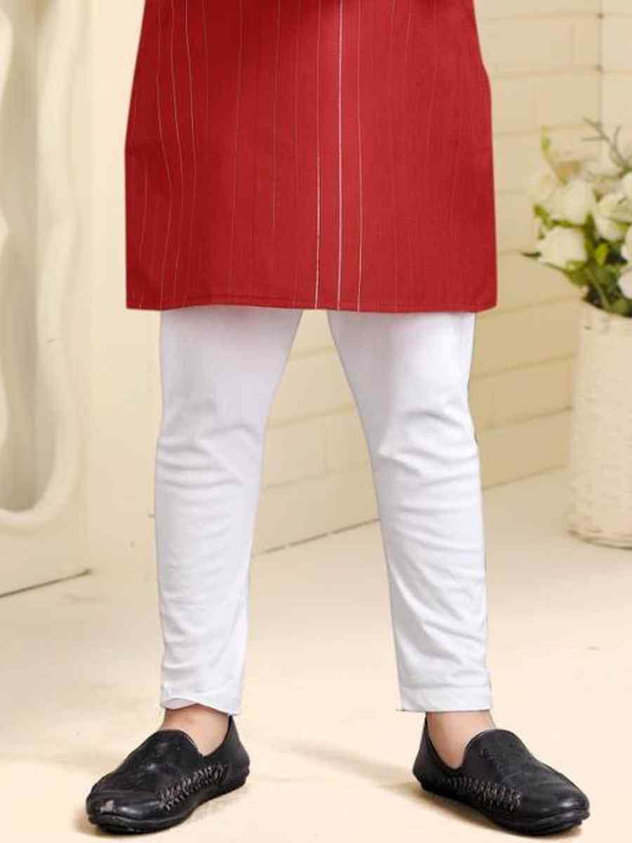 Red Pure Cotton Slub Zardosi Festival Traditional Kurta Pyjama Boys Wear