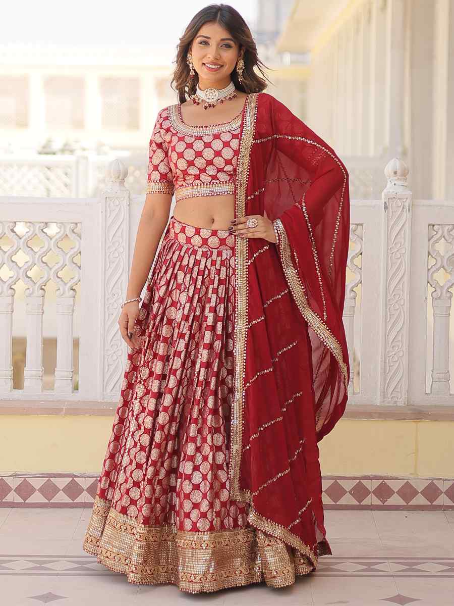 Red Pure Dyable Viscose Jacquard Embroidered Festival Wedding Circular Lehenga Choli