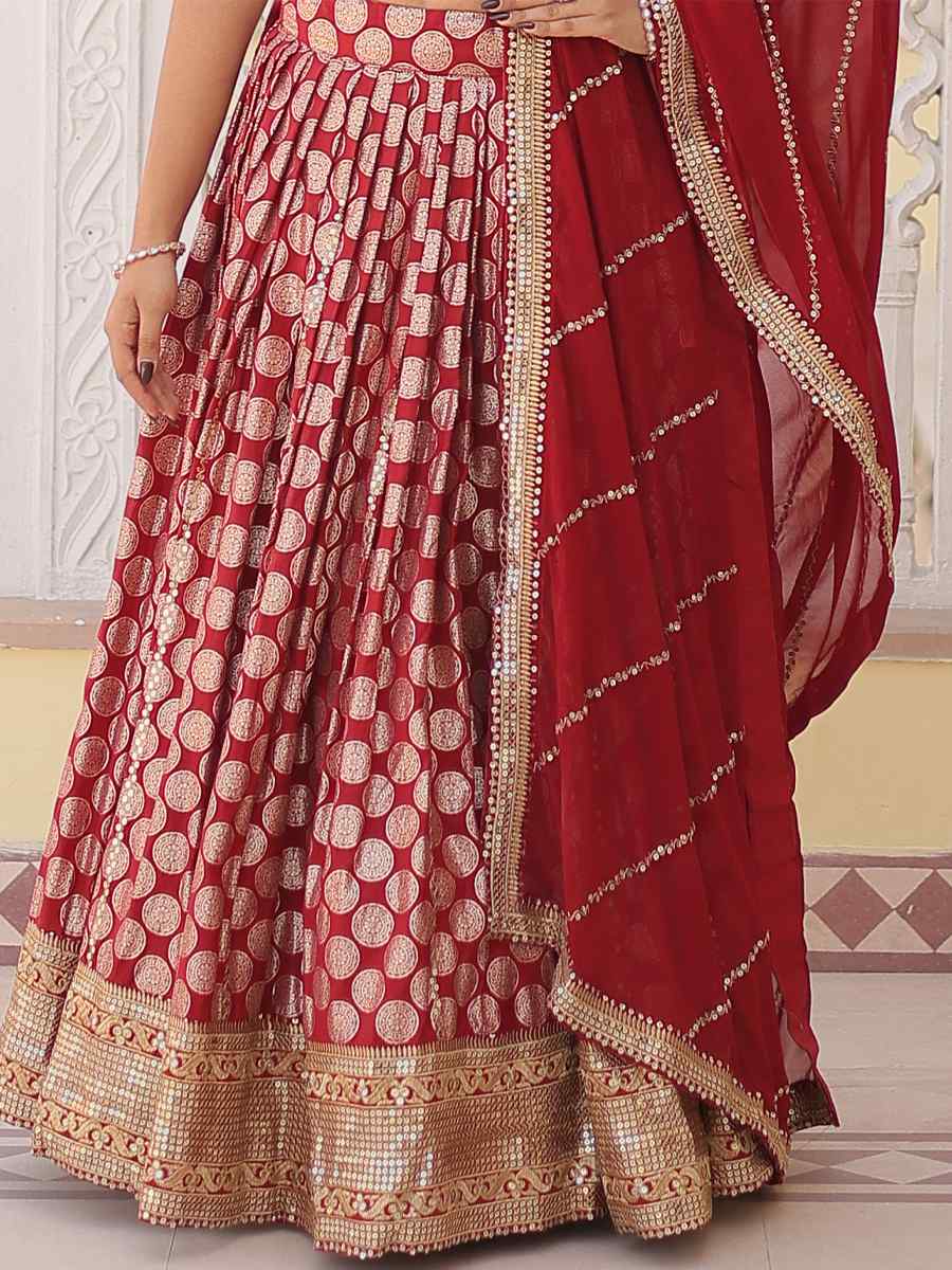 Red Pure Dyable Viscose Jacquard Embroidered Festival Wedding Circular Lehenga Choli