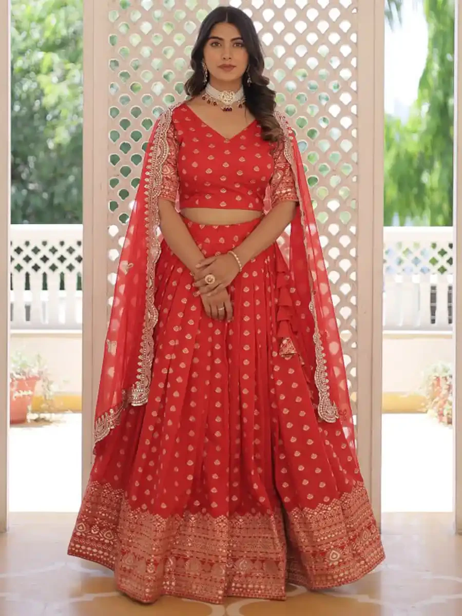 Red Pure Dyable Viscose Jacquard Embroidered Festival Wedding Heavy Border Lehenga Choli