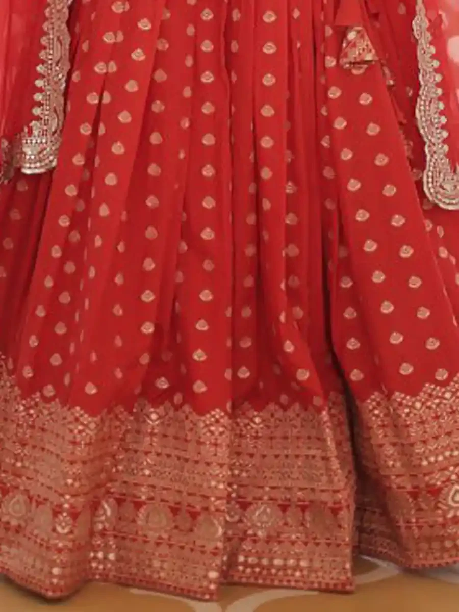 Red Pure Dyable Viscose Jacquard Embroidered Festival Wedding Heavy Border Lehenga Choli