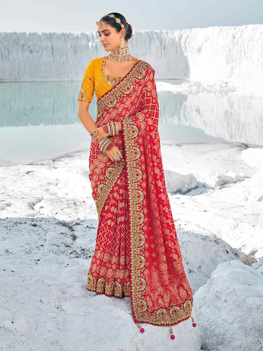 Red Pure Georgette Embroidered Festival Wedding Heavy Border Saree