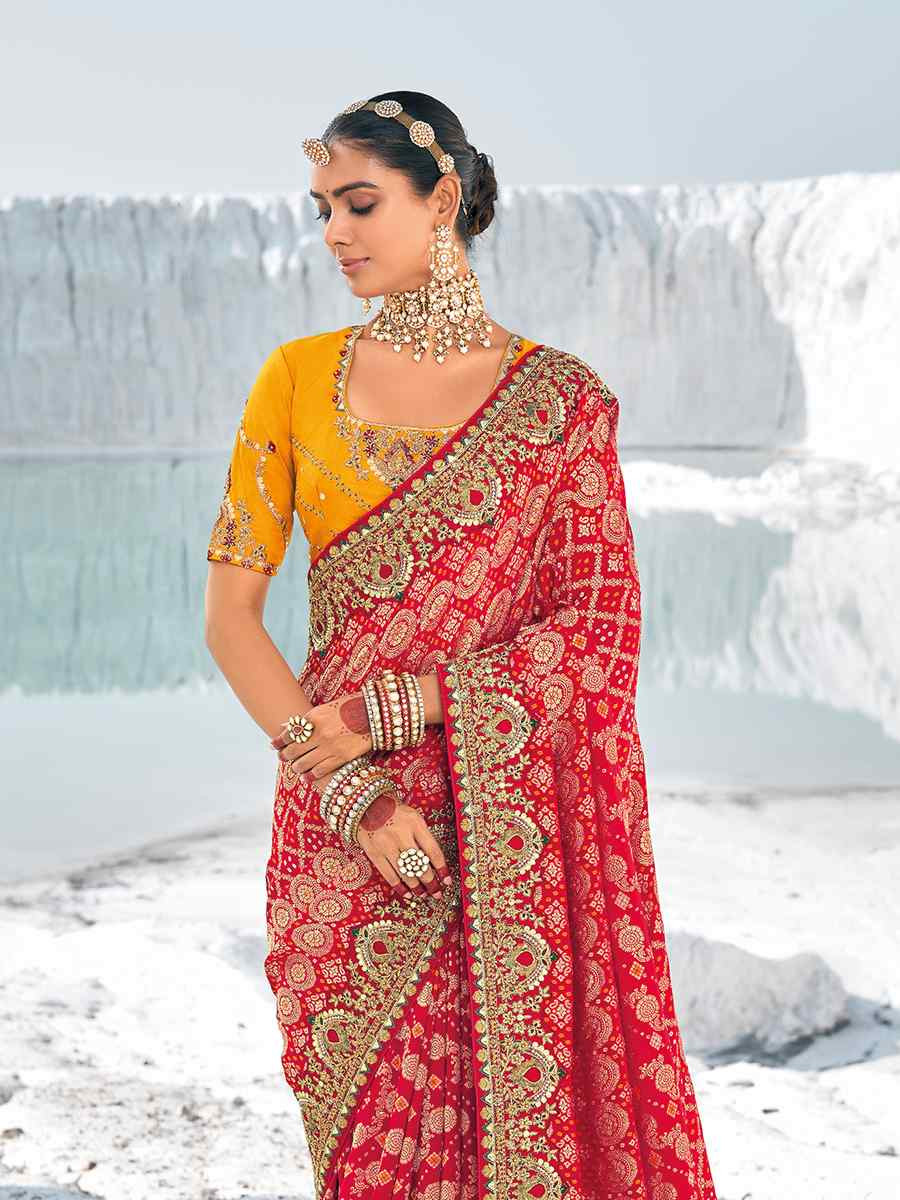 Red Pure Georgette Embroidered Festival Wedding Heavy Border Saree