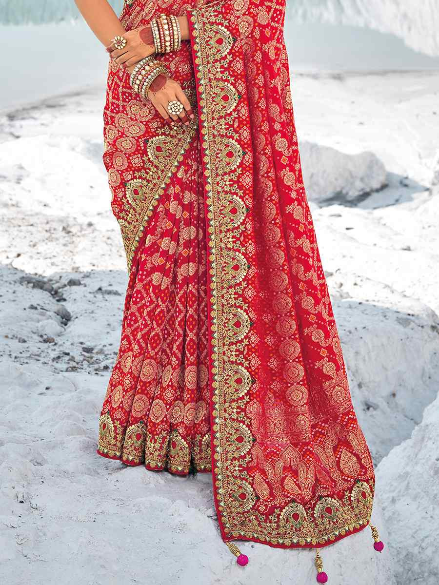 Red Pure Georgette Embroidered Festival Wedding Heavy Border Saree