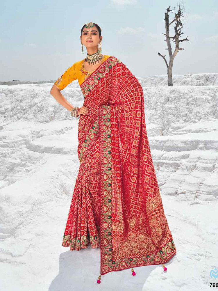 Red Pure Georgette Embroidered Festival Wedding Heavy Border Saree