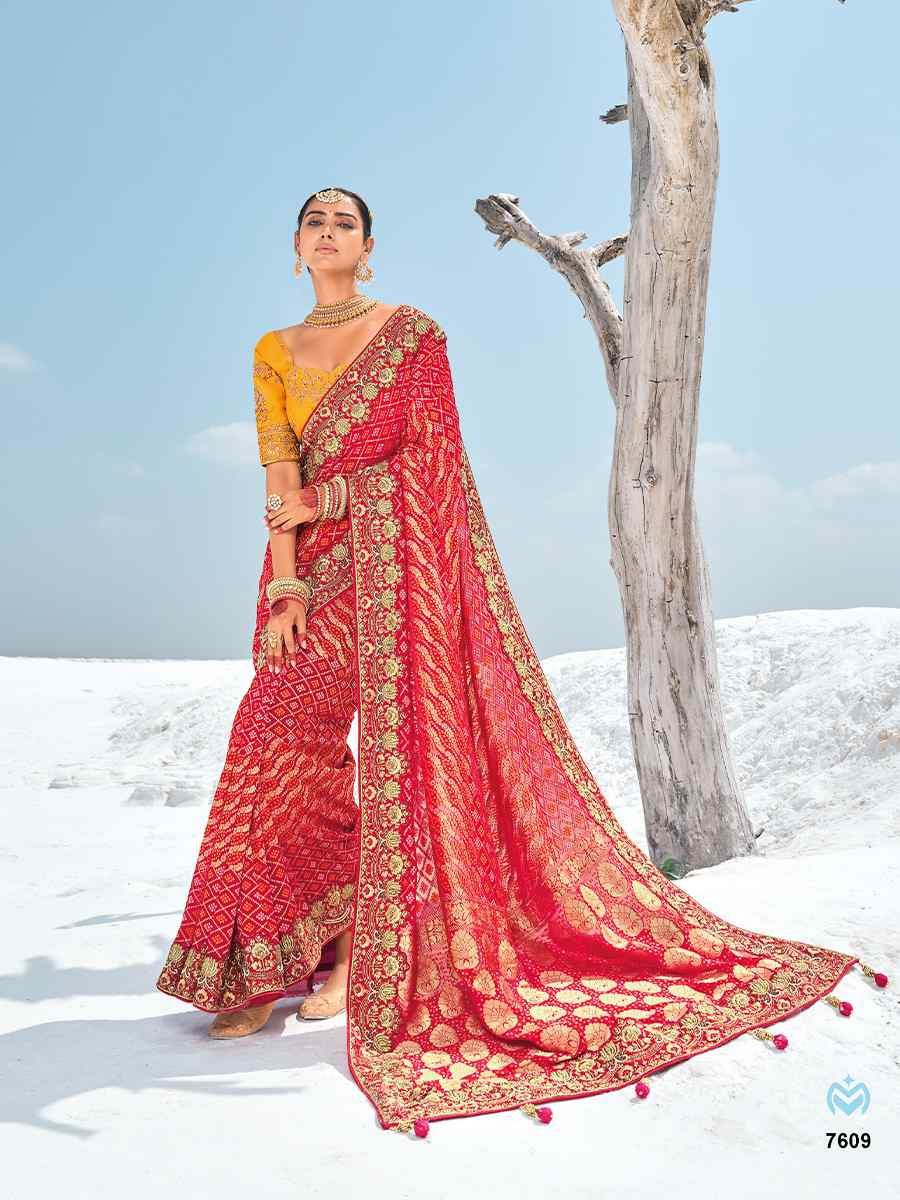 Red Pure Georgette Embroidered Festival Wedding Heavy Border Saree