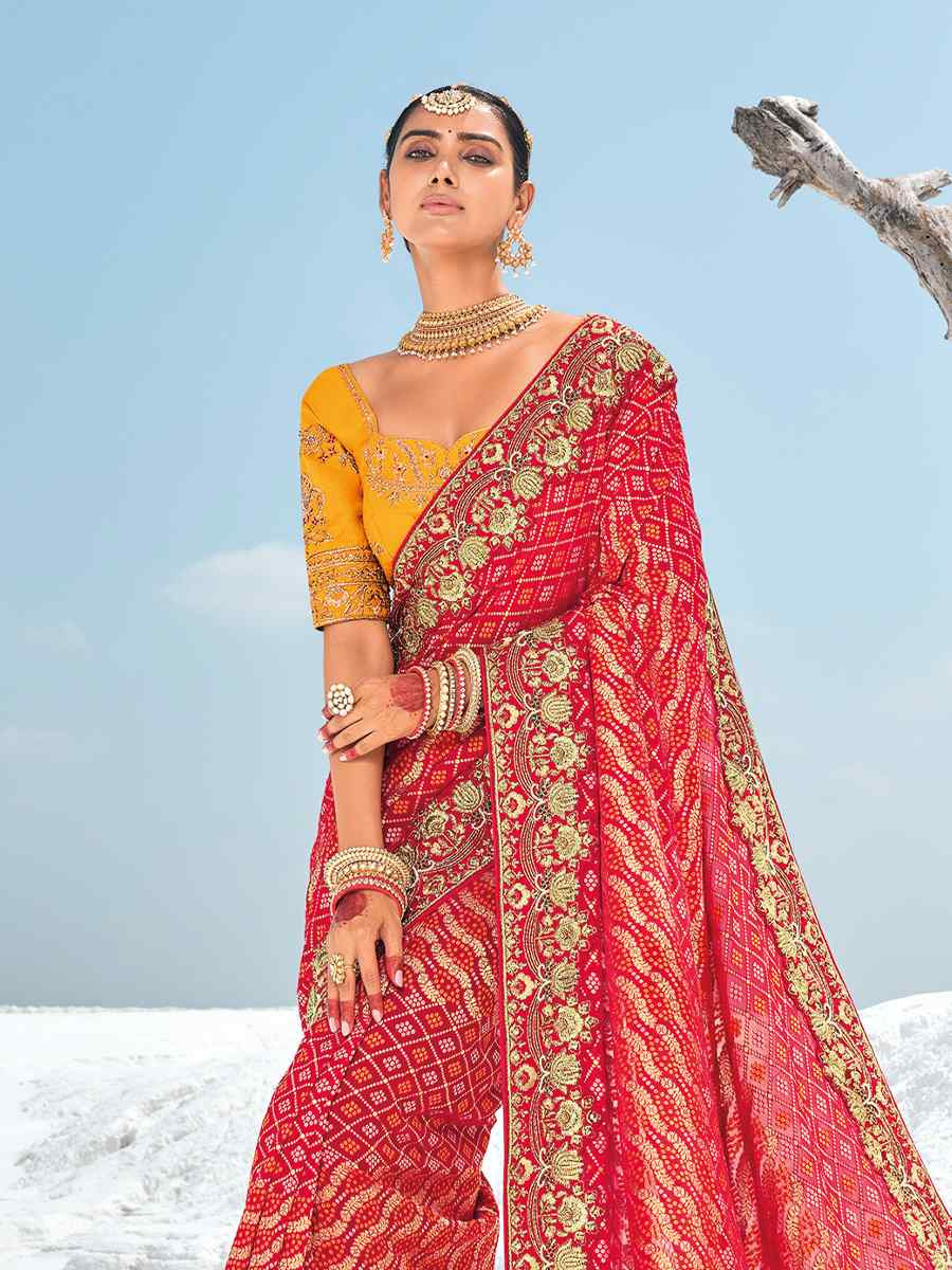 Red Pure Georgette Embroidered Festival Wedding Heavy Border Saree