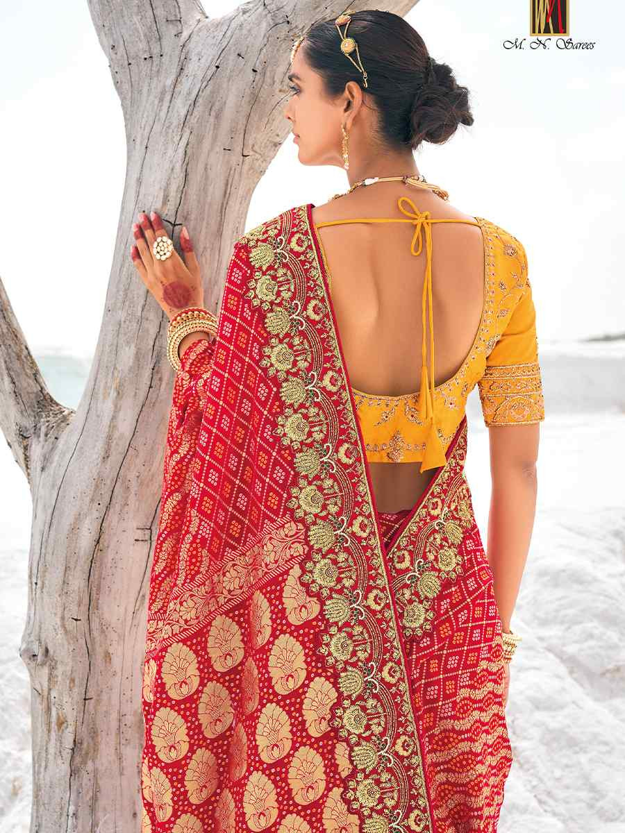 Red Pure Georgette Embroidered Festival Wedding Heavy Border Saree