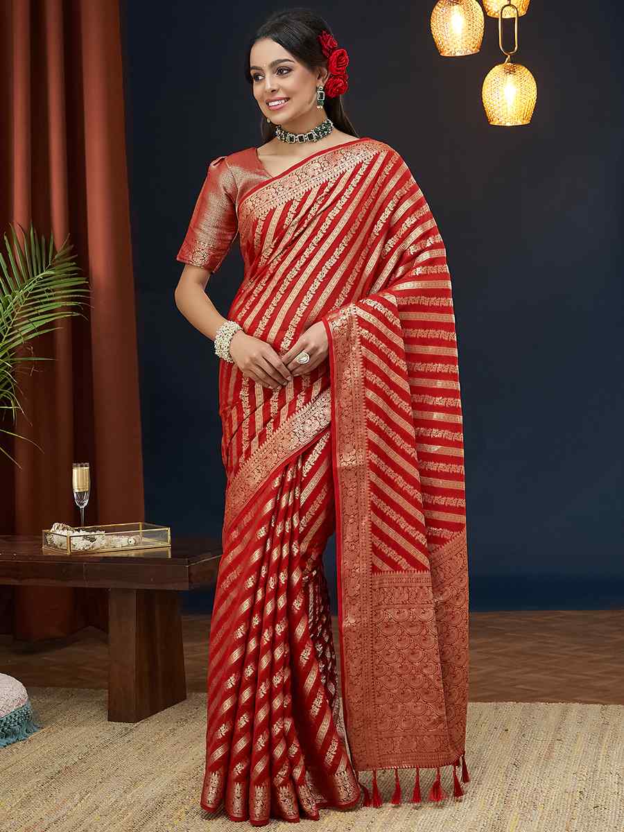 Red Pure Georgette Handwoven Festival Wedding Heavy Border Saree