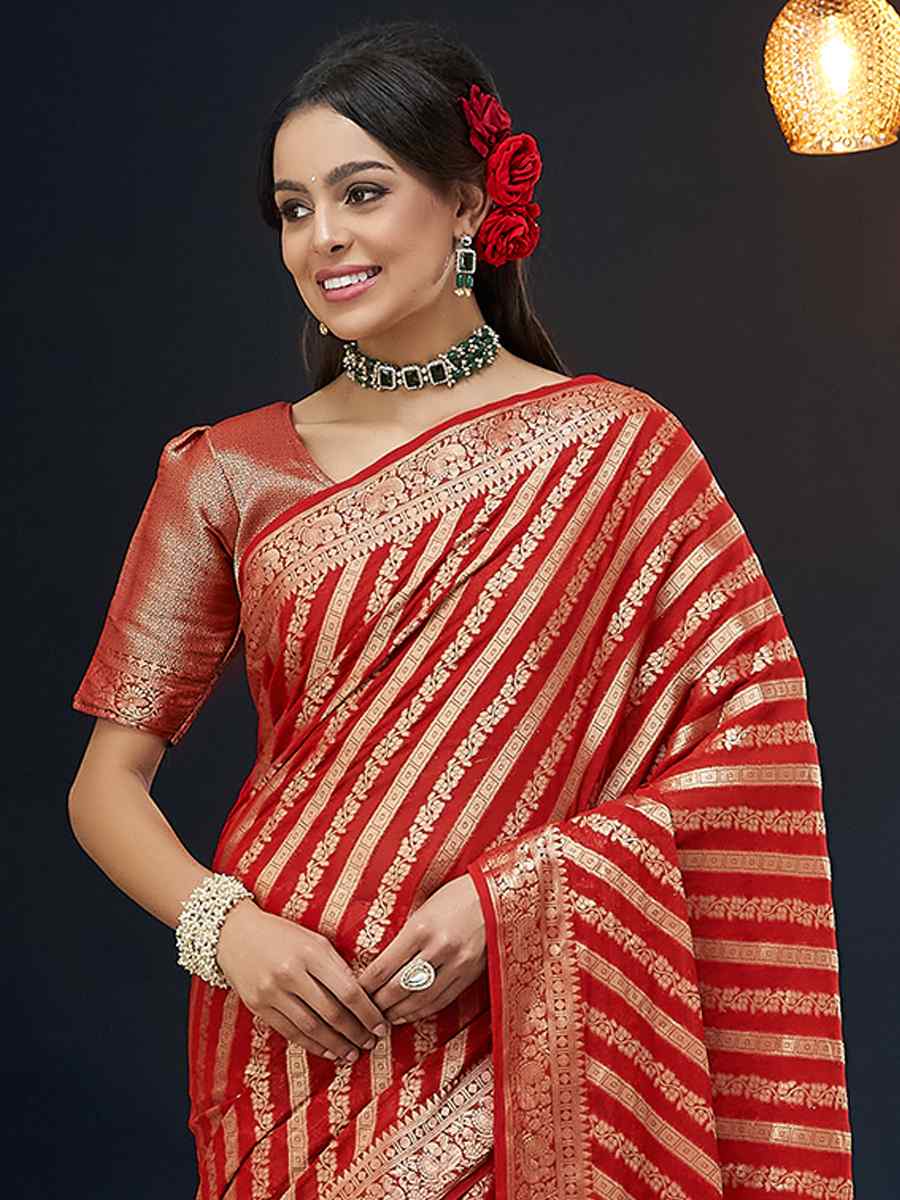 Red Pure Georgette Handwoven Festival Wedding Heavy Border Saree