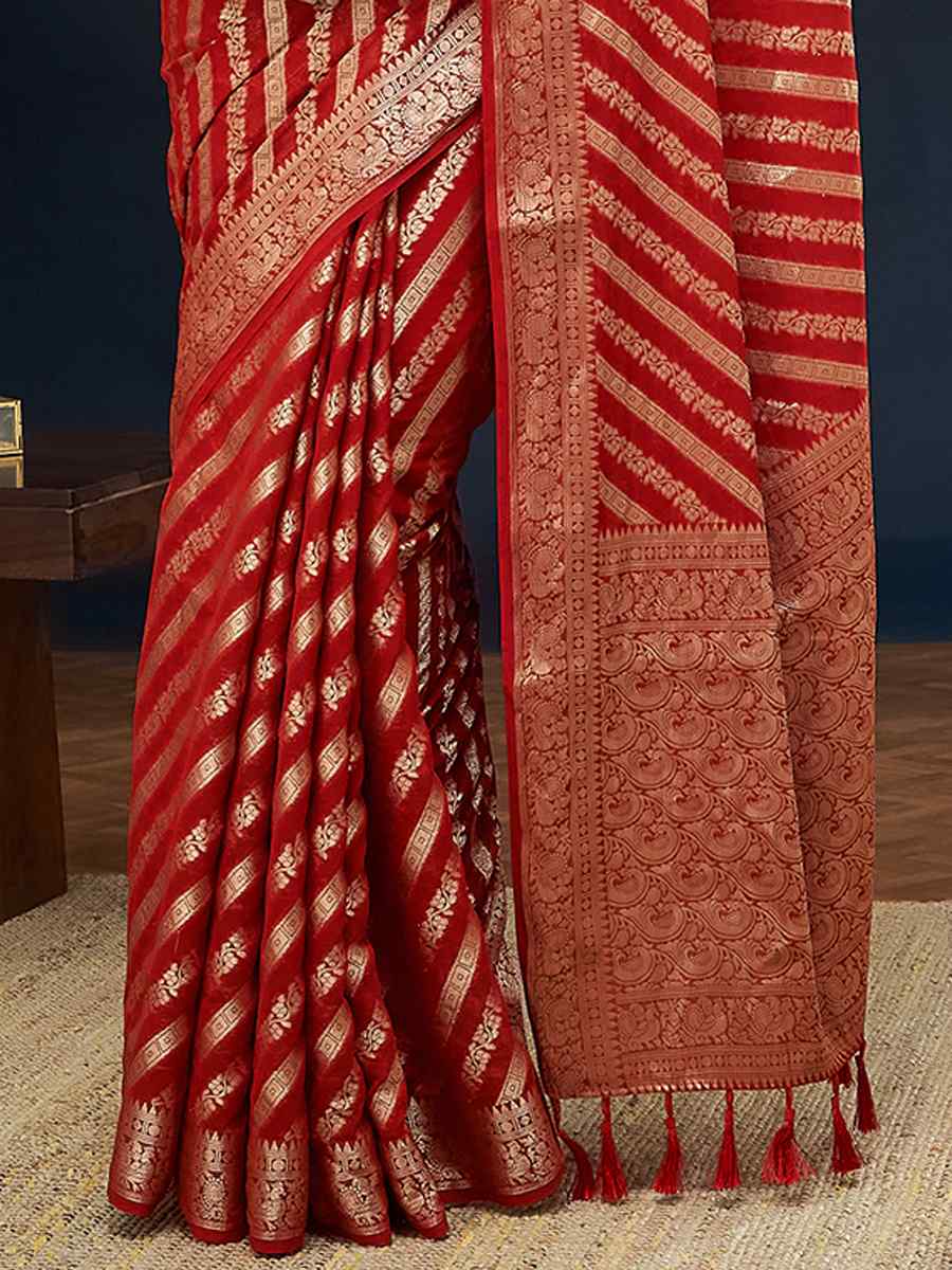 Red Pure Georgette Handwoven Festival Wedding Heavy Border Saree