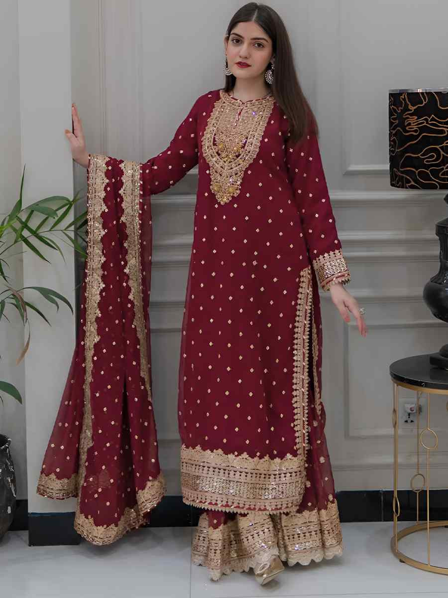 Red Pure Heavy Faux Georgette Embroidered Festival Casual Ready Sharara Pant Salwar Kameez