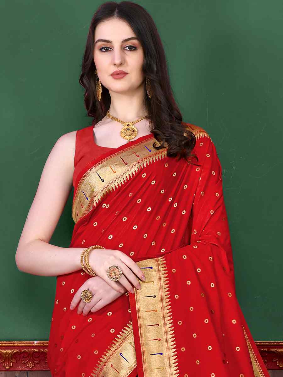 Red Pure Lichi Silk Handwoven Wedding Festival Heavy Border Saree